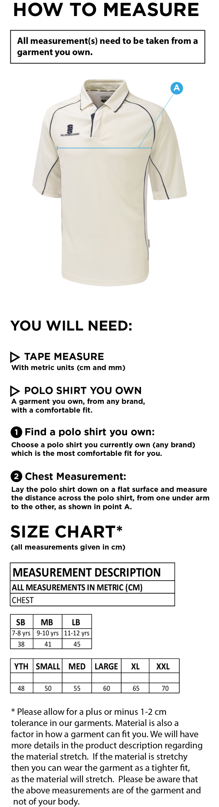 Richmond CC - Premier 3/4 Sleeve Shirt - White Trim - Unisex Fit - Size Guide