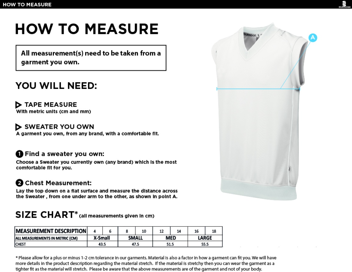 Richmond CC - Blast Sleeveless Sweater - Women's Fit - Size Guide