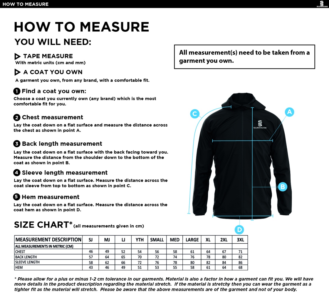 Richmond CC - Dual Elite 1/4 Zip Hoody / Rain Jacket - Unisex Fit - Size Guide