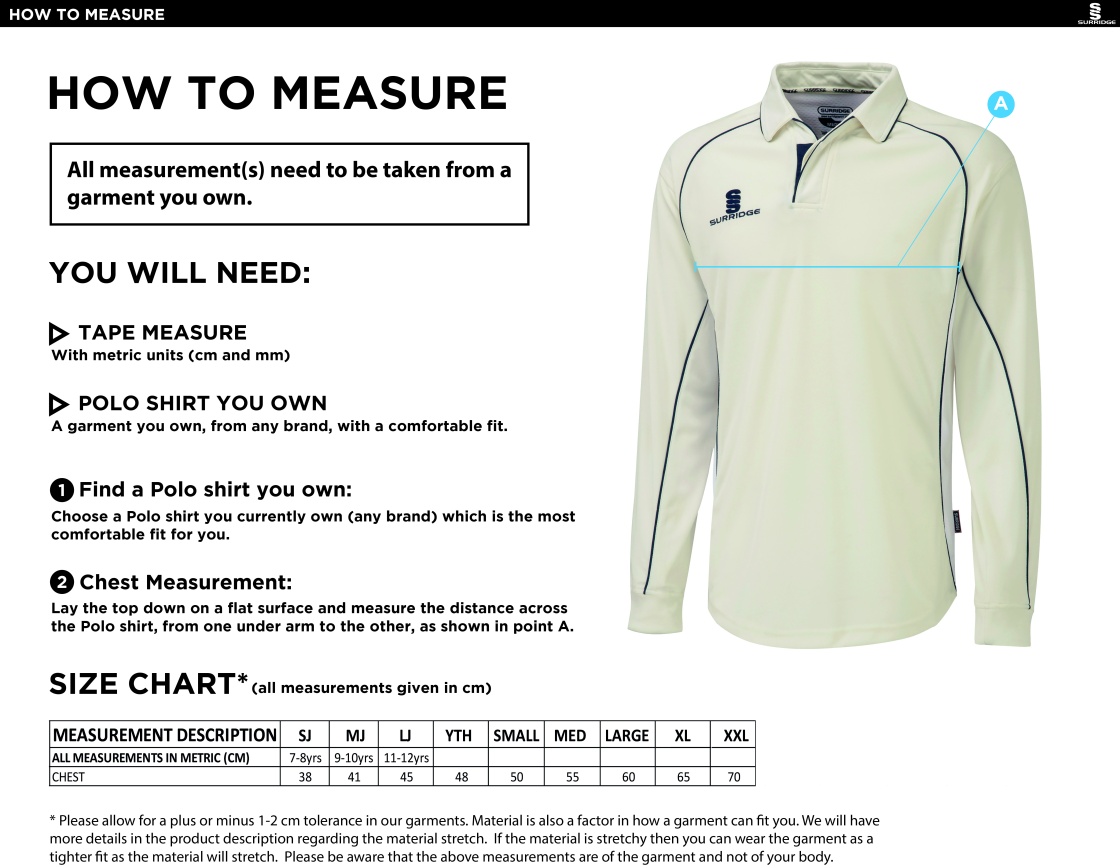 Richmond CC Premier Long Sleeve White Trim Shirt - Size Guide