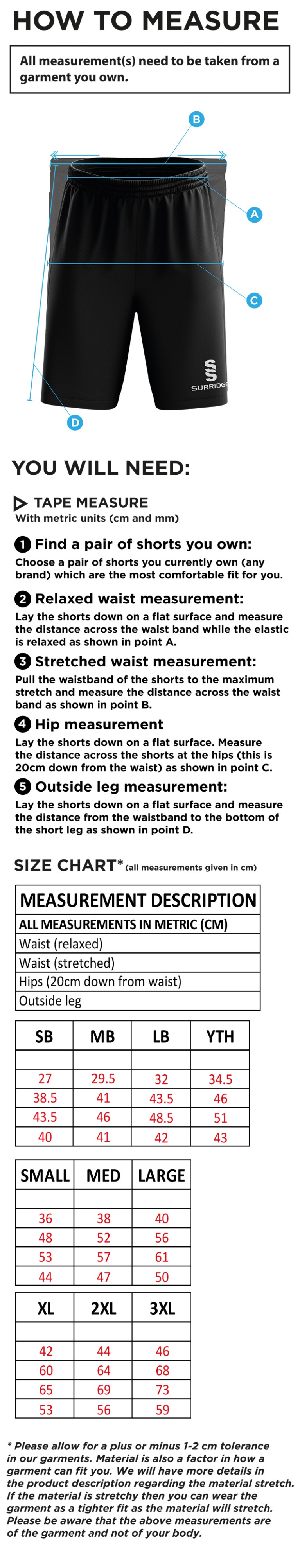 Richmond CC - Ripstop Short - Unisex Fit - Size Guide