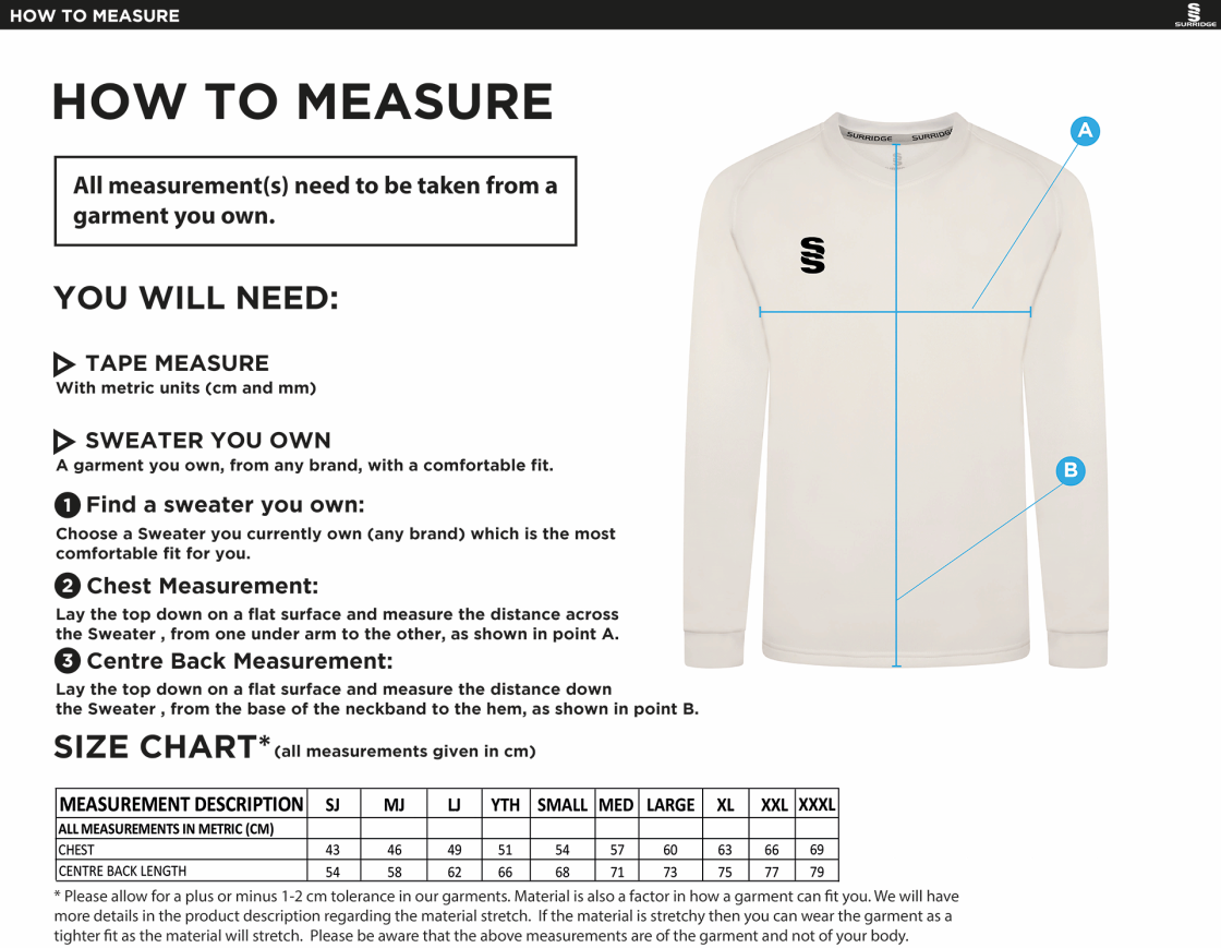 Richmond CC - Blast Long Sleeve Cricket Sweater - Unisex Fit - Size Guide