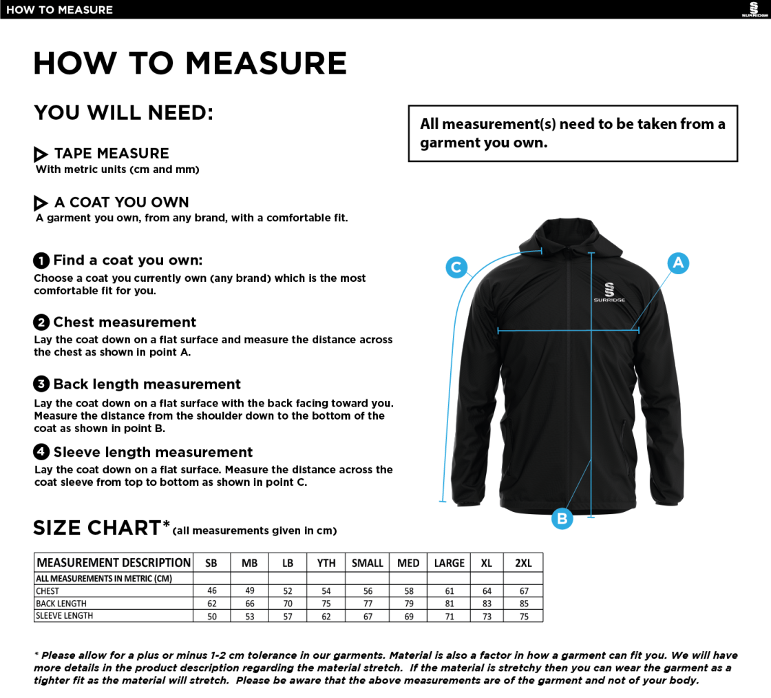 Richmond CC - Dual Elite 1/4 Zip Hoody / Rain Jacket - Unisex Fit - Size Guide