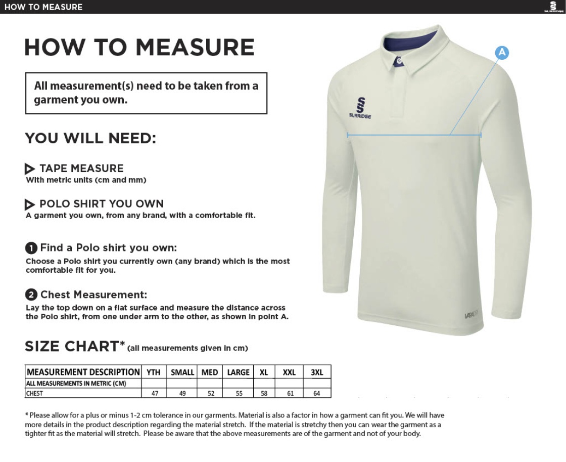 Richmond CC - Dual Cricket Shirt Long Sleeve - Unisex Fit - Size Guide