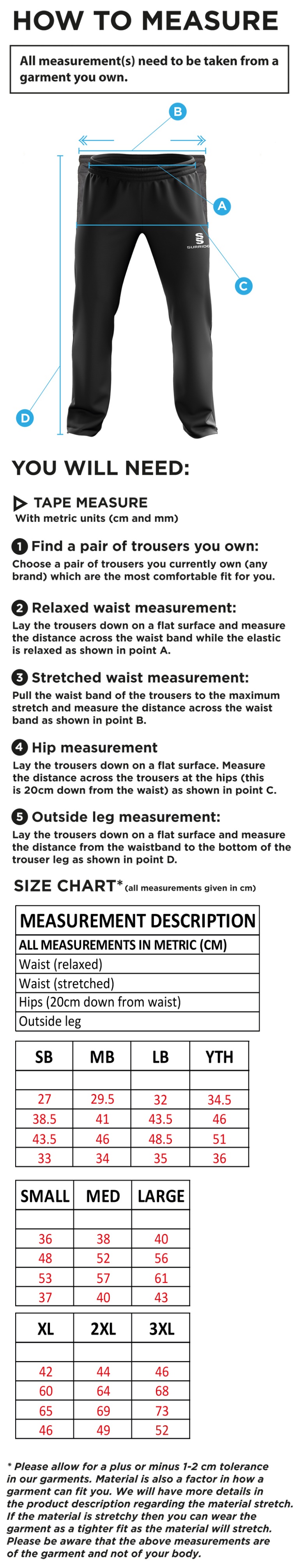 Richmond CC - Ripstop Track Pant - Unisex Fit - Size Guide