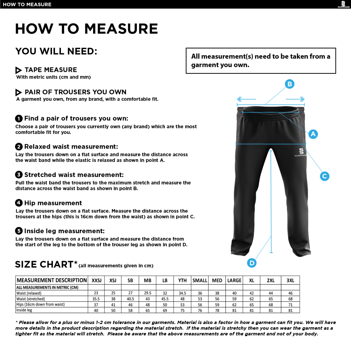 Richmond CC - Classic Tracksuit Pant With Thigh Length Zip - Unisex Fit - Size Guide