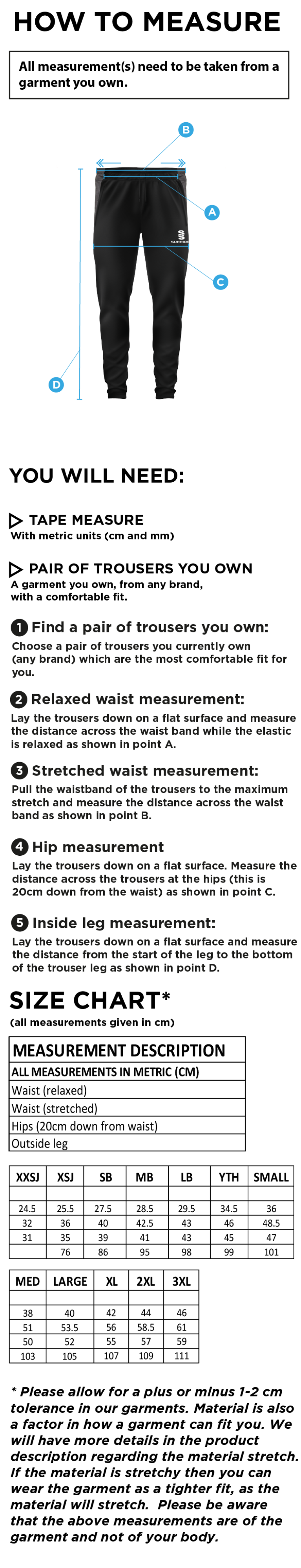 Richmond CC - Tek Slim Pant - Unisex Fit - Size Guide