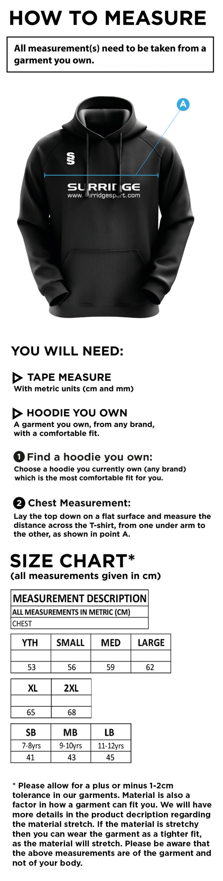 Richmond CC - Blade Hoody - Unisex Fit - Size Guide