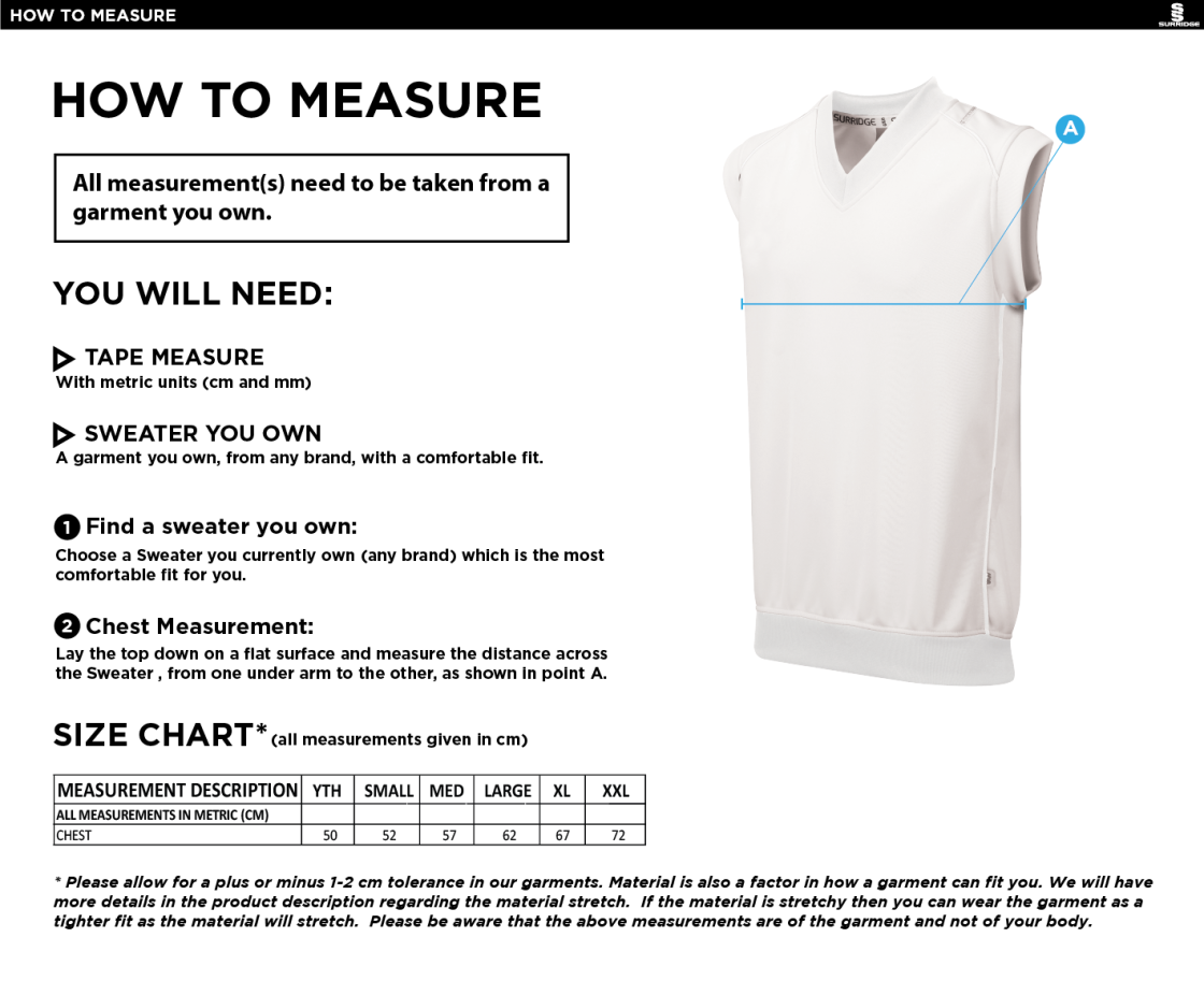 Richmond CC Sleeveless Sweater White Trim - Size Guide