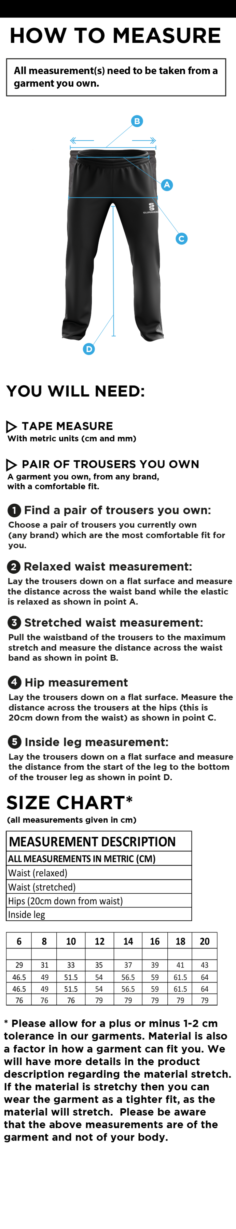 Richmond CC - Ripstop Track Pant - Women's Fit - Size Guide