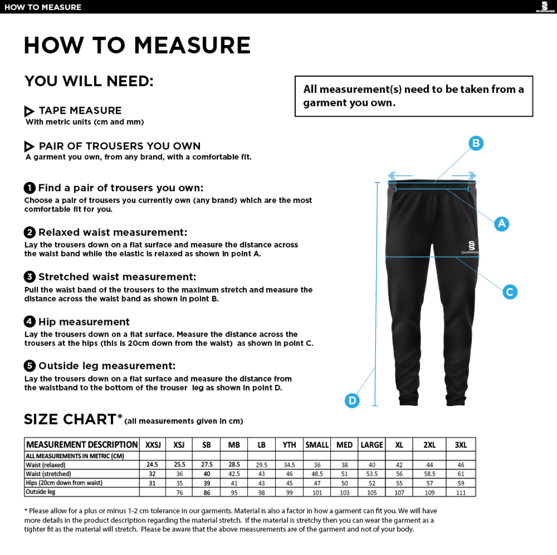 Richmond CC - Tek Slim Pant - Unisex Fit - Size Guide