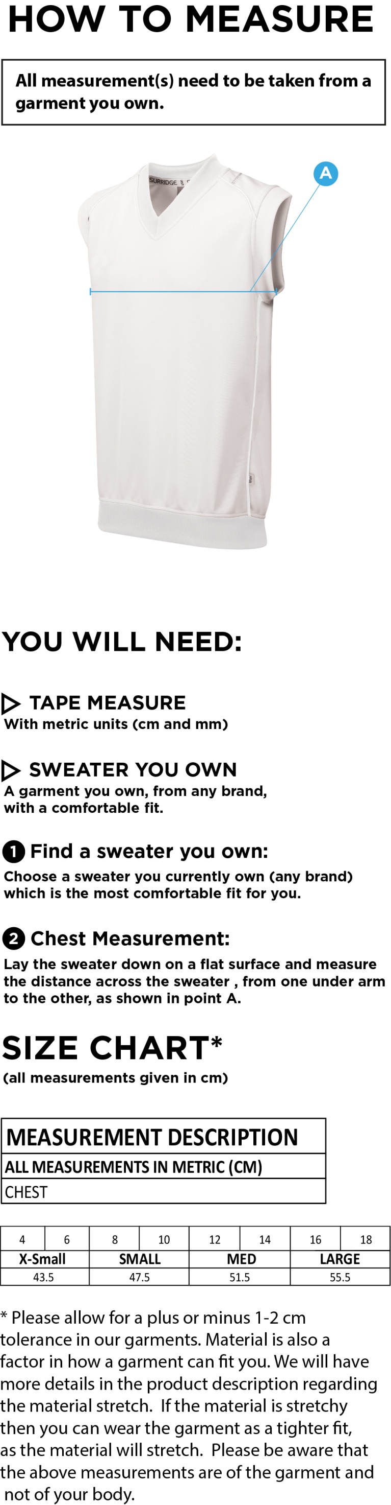 Richmond CC - Blast Sleeveless Sweater - Women's Fit - Size Guide