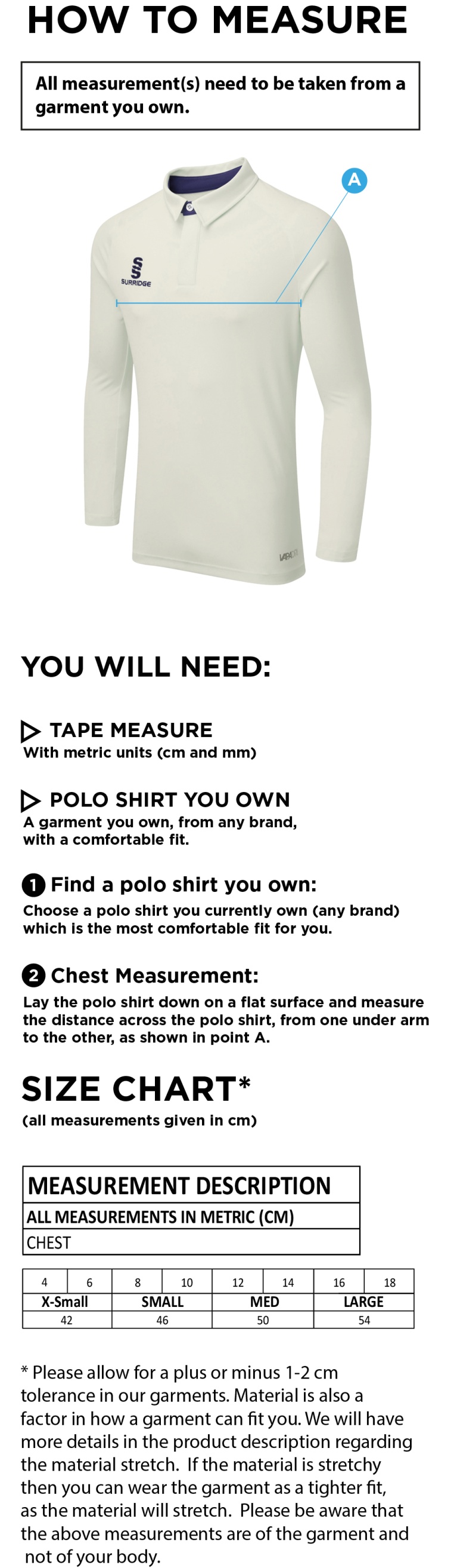 Richmond CC - Dual Long Sleeve Cricket Shirt - Women's Fit - Size Guide