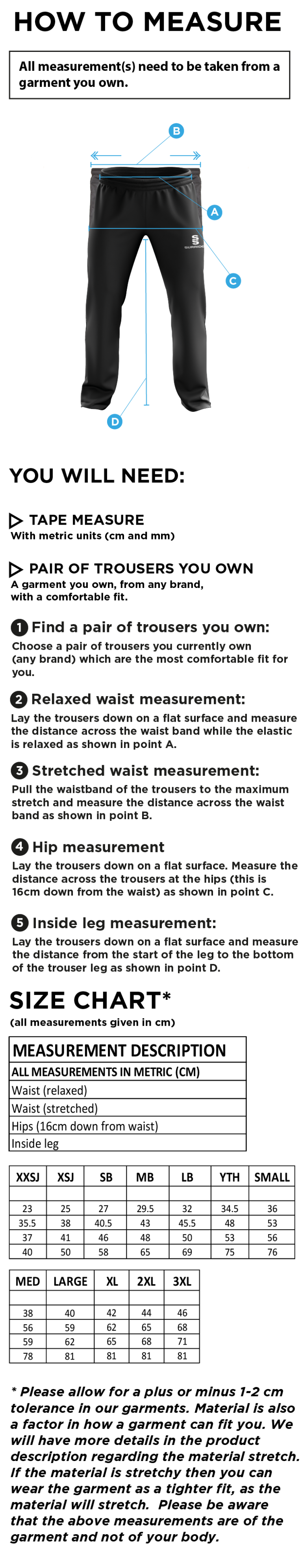 Richmond CC - Poplin Track Pant - Unisex Fit - Size Guide
