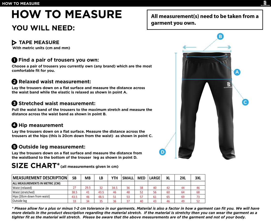 Richmond CC - Ripstop Track Pant - Unisex Fit - Size Guide