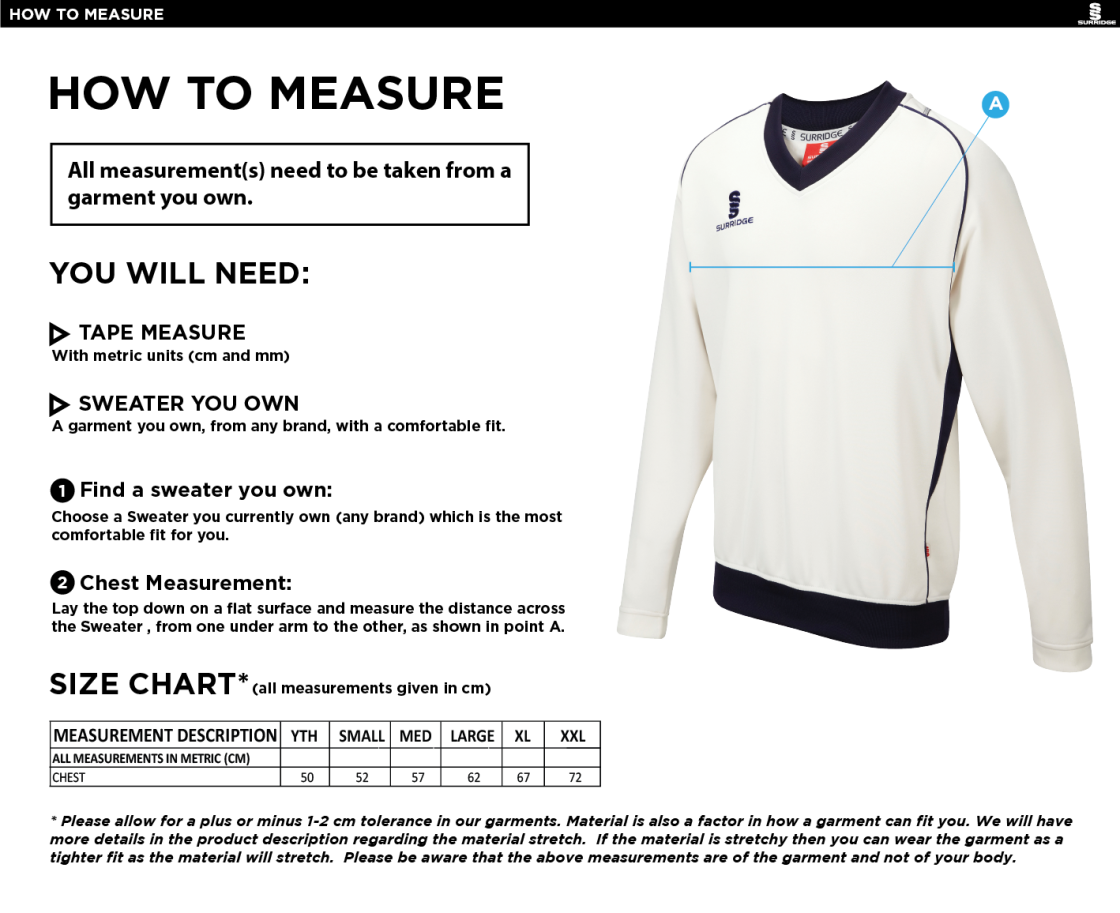 Richmond CC Long Sleeve Sweater White Trim - Size Guide
