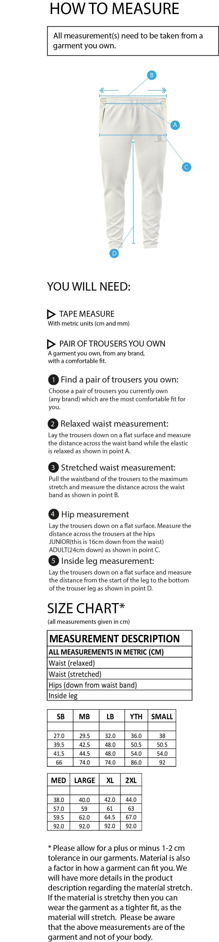 Richmond CC - Ergo Playing Pant - Unisex Fit - Size Guide