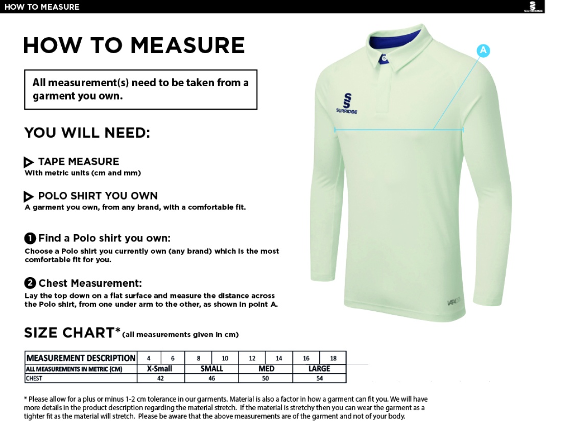 Richmond CC - Dual Long Sleeve Cricket Shirt - Women's Fit - Size Guide