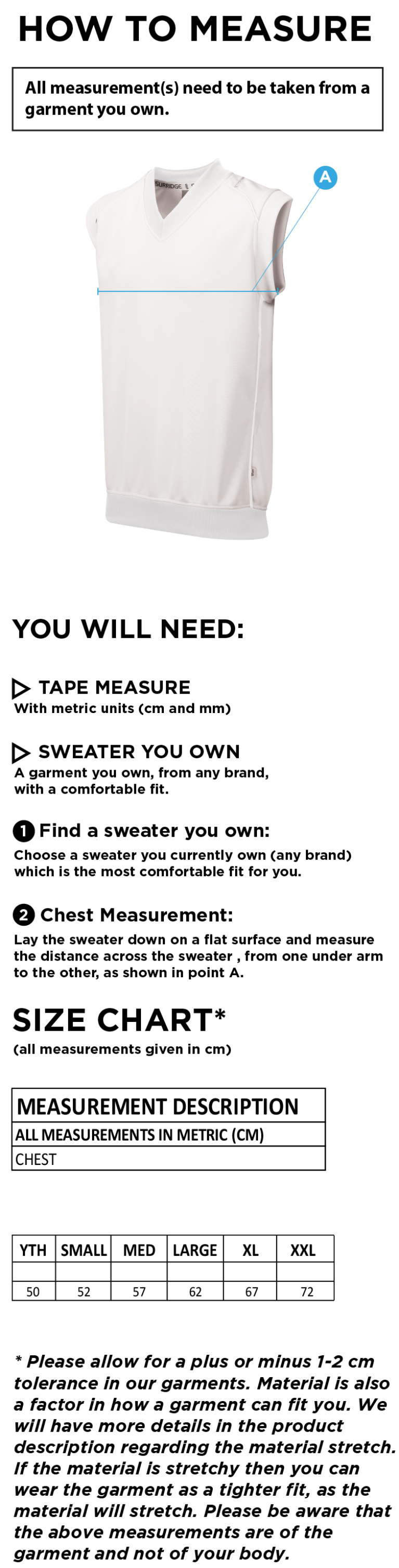 Richmond CC Sleeveless Sweater White Trim - Size Guide