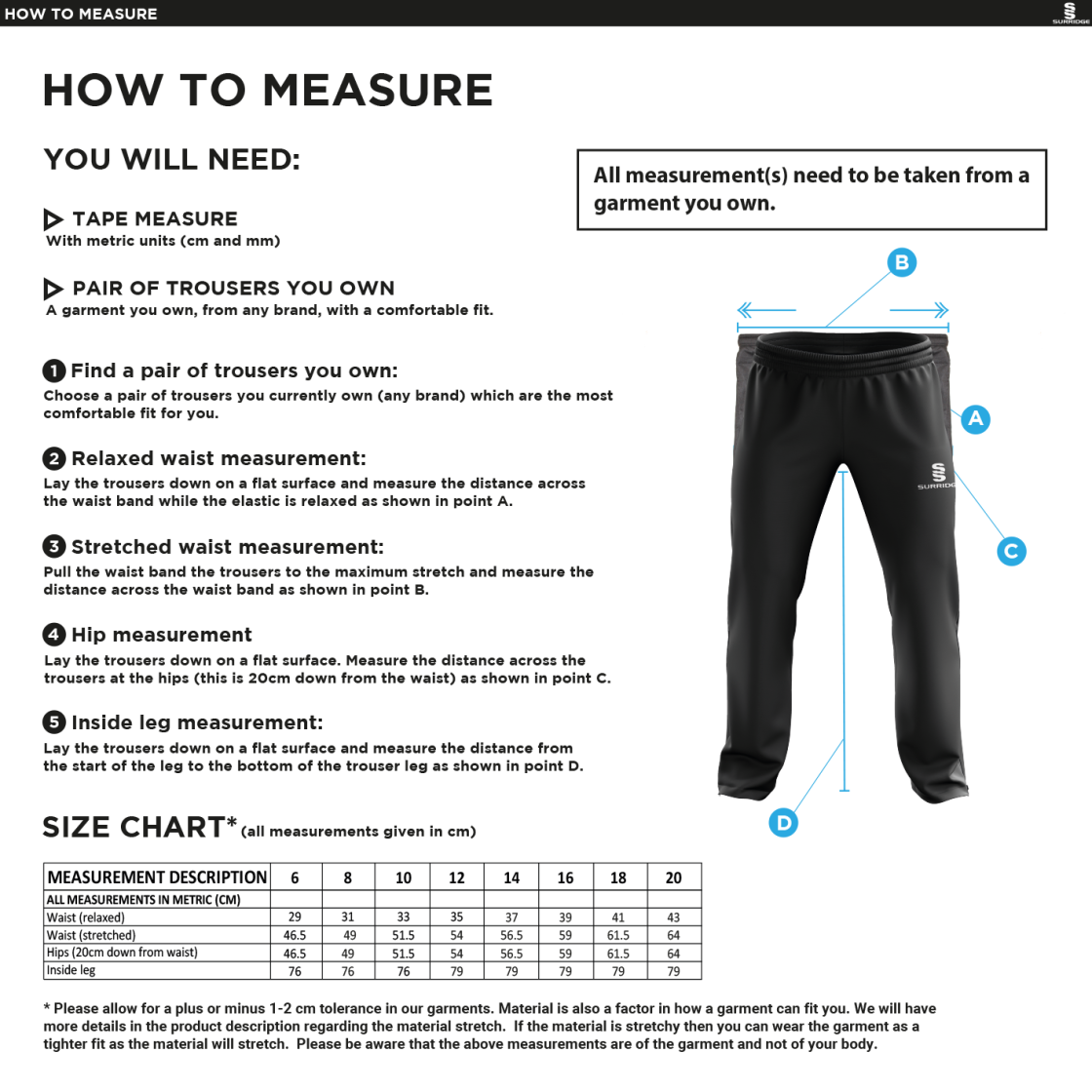 Richmond CC - Classic Tracksuit Pant With Thigh Length Zip - Women's Fit - Size Guide