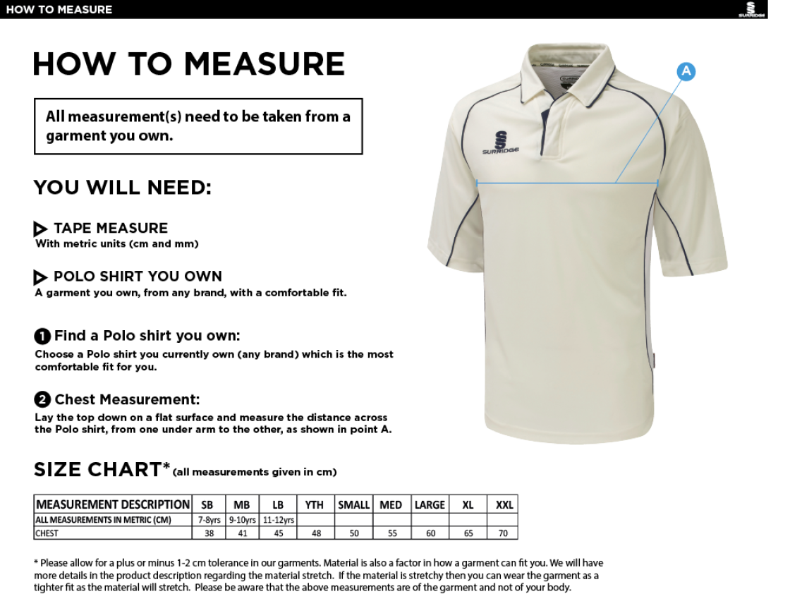 Richmond CC - Premier 3/4 Sleeve Shirt - White Trim - Unisex Fit - Size Guide