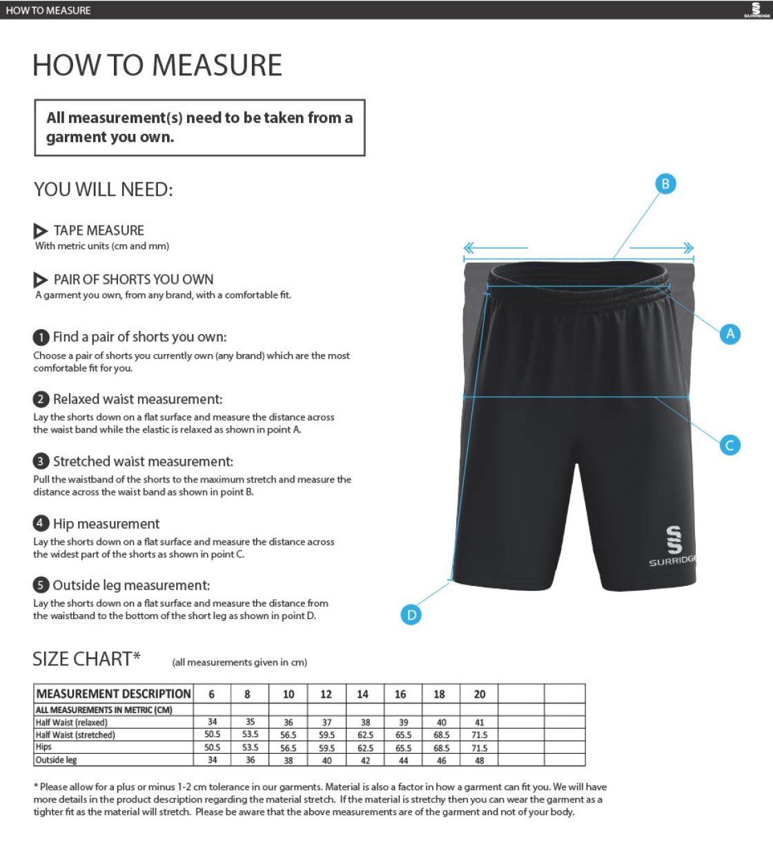 Richmond CC - Ripstop Pocketed Shorts - Women's Fit - Size Guide